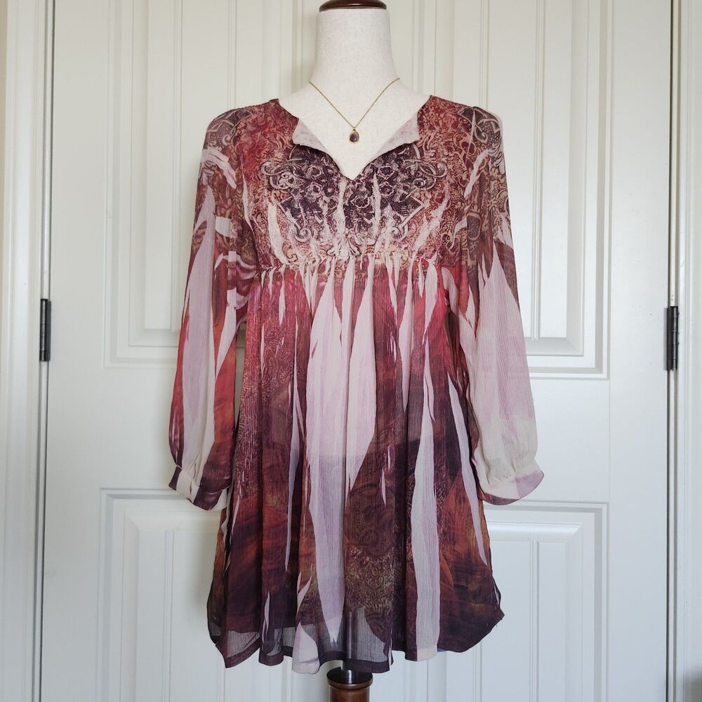 Vintage Muskka by Sienna Rose Sheer Burgundy V-Neck Paisley Blouse Size M